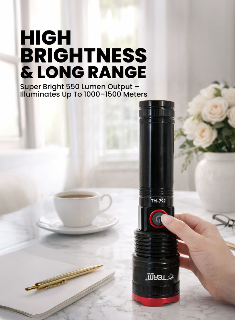TEAM Zoomable LED Flashlight, 15W High Power Torch, 550 Lumens, Rechargeable 4000mAh Battery, Type-C Fast Charging, Aircraft Aluminum Body, 4 Modes, Waterproof, Long Range 1500m - Image 2